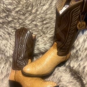 Tony Lama Men Top Quality Snake & Leather Brown and Tan Western Boots 9 D